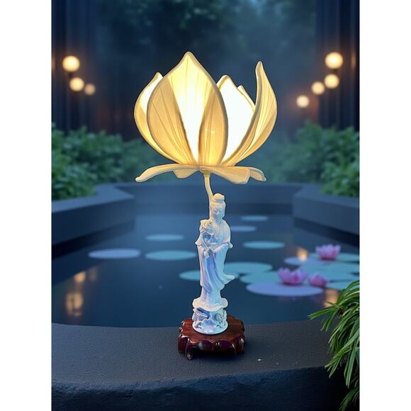 Vintage Porcelain Guanyin Lotus Lamp-Wood Base-Asian Table Light-Goddess-Statue - Picture 1 of 9